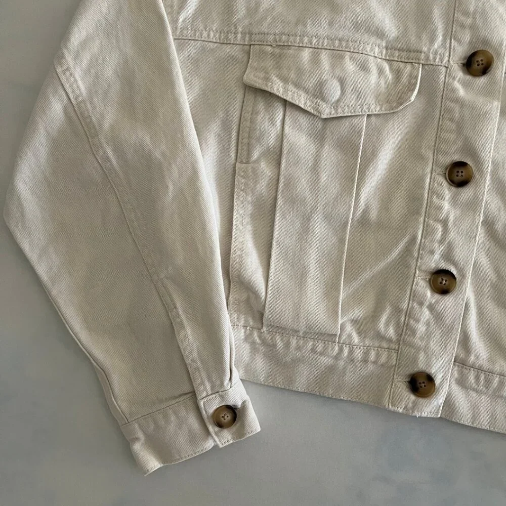 Forever 21 Cream Cropped Button Up Cotton Denim Jacket - Picture 3 of 7